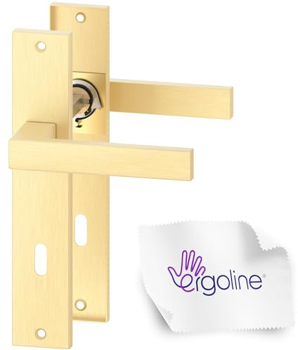 ERGO line CUBE garnitures de porte carrées, doré mat, poignée pour porte d’intérieur, ensemble de poignées avec plaque longue, garniture de porte, carré de 7 mm, entraxe 70 mm, laiton brossé mat