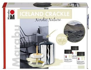 Marabu 1262000000080 - Opake Krakelierfarbe im Set, Iceland Crackle Nordic Nature, auf Wasserbasis, lichtecht, wetterfest, schnell trocknend, 2 x 50 ml Farbe, 50 ml Krakeliermedium und Malmesser