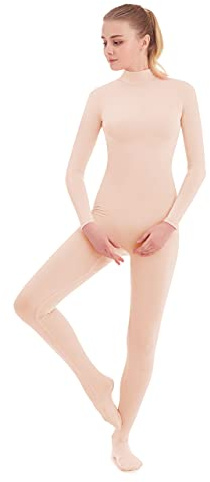 SUPRNOWA Women's Jumpsuit Bodycon Footed Unitard Long Sleeve Bodysuit with Zipper Comfortable Spandex One-Piece Dance Costume (S, Nude Footed)