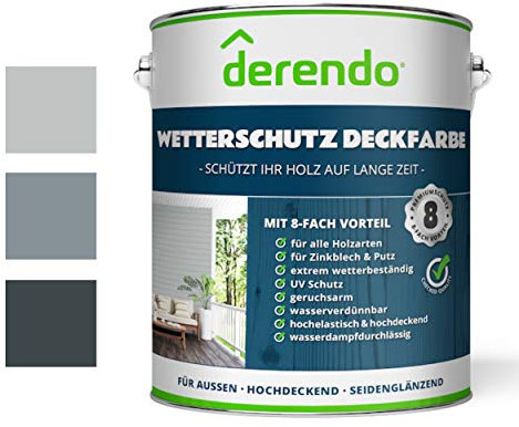 derendo Profi Holzschutzfarbe Aqua grau für Außen, 2,5l wasserverdünnbare Wetterschutzfarbe, seidenglänzend Holzfarbe sehr hohe Deckkraft Holzlack wetterfest (lichtgrau RAL 7035)