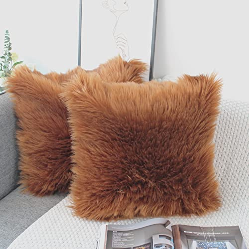 OYIMUA Brown 18x18 Cushion Covers Pack of 2 Fluffy Soft Faux Fur Square Pillowcases Autumn, Luxury Home Decorative Cozy Plush Pillow Covers Case 45 x 45 for Sofa Bed Living Room