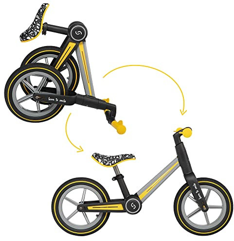 skiddoü Laufrad Ronny, ab 2 Jahren faltendes Lernlaufrad bis zu 30 kg, Aluminium-Rahme, 12 Zoll Räder, höhenverstellbar, lenkradschloss, Balance Bike, Retro Design, gelb