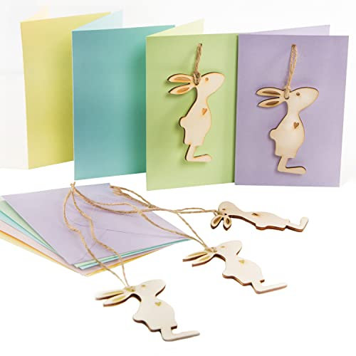 Logbuch-Verlag 5 Osterkarten rosa lila grün gelb blau + Osterhasen Anhänger aus Holz - Ostergrußkarte mit kleinem Ostergeschenk