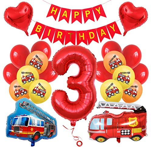 Födelsedagsdekoration pojke ballonger 3:e år brandman födelsedagsdekoration barns födelsedag brandbilsballong 3-årsdag pojke brandkår folieballong 3 år pojke födelsedag brandbil
