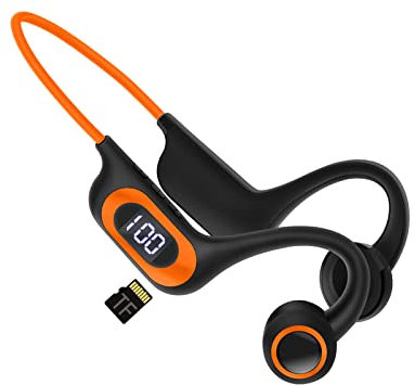 Ecouteurs sans Fil, Casque Conduction Osseuse Bluetooth,avec Microphone,Affichage de la Puissance,Fente pour Carte TF,écouteurs résistants à la Transpiration pour Running Cyclisme Travail (Orange)