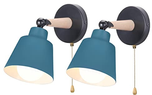 iDEGU 2 Piezas Apliques de Pared Interior con Interruptor, Moderna Lámpara de Pared Dormitorio Sencilla Iluminación E27 en Madera Metal Ajustable Luz de Pared para Salón Pasillo (Azul Oxford Mate)