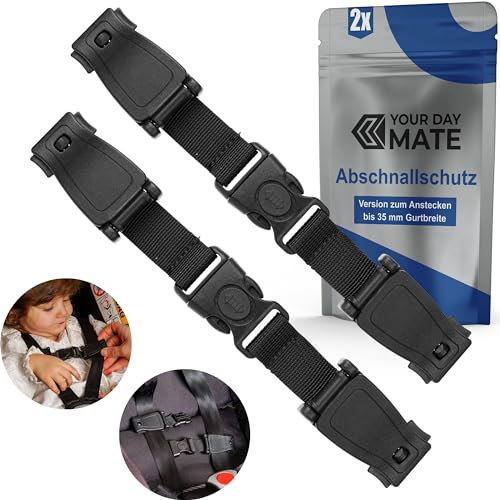 Abschnallschutz für Auto Kindersitz, 2 Stück, in Schwarz, 21 cm Gesamtlänge mit Schnalle, Längen-verstellbar, zum Anstecken an bis 35 mm breite Brustgurte, Sicherheitsgurt Clip, Abschnallen Schutz