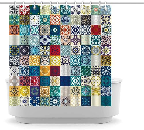 LUKUY Boho Patchwork Shower Curtain - 72x72Inch Fabric Bohemian Patchwork Flower Moroccan Shower Curtain for Bathroom
