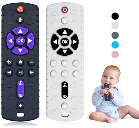 2 Piezas Mordedor Bebe, Juguetes Bebes 6-12 Meses, Mando Juguete Bebe de Silicona con Clip de Chupete y Botones Pulsables, Suave Juguetes Montessori Bebe 6-12 Meses, Negro y Gris Claro