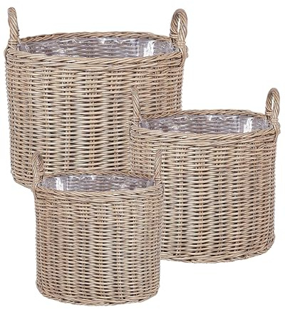 Blumenkorb Rattan braun 3er Set rund geflochten mit Folie Griffen Boho Pendula
