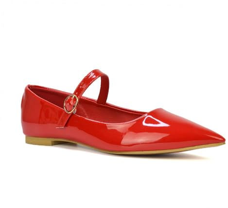 Women's Flat Mary Jane Shoes Ladies Buckle Strap Point Toe Red Patent Ballet Pumps Size 6
