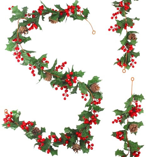 Ghirlanda Decorazioni Natalizie 175 CM Natalizi Artificiale Rosso Bacche Ghirlanda Pigne Artificiale Ghirlanda di Natale per Inverno Natale Vacanza Capodanno Camino Scala Decorazione