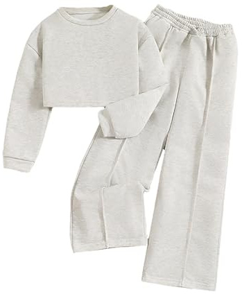Huttam ensemble fille 7-12 ans a la mode decontracte pull sweat courte col rond automne tee shirt enfant fille manche longue uni pantalons fluide large survêtements (White, 11-12 ans)