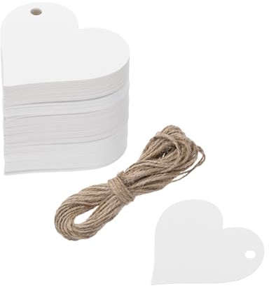 QUARKZMAN 100 stycken presentetiketter vita etiketter gåva hängande etiketter, hjärta kort med 10 meter jutesnöre för presentförpackning jul