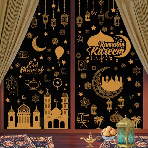 HOOWA Ramadan fönsterklistermärken, Ramadan Mubarak-klistermärken, återanvändbart fönster, 9 st klistermärken för elektrostatiskt glas, dekoration Ramadan 2026 för fönster, dörr, glasfönster