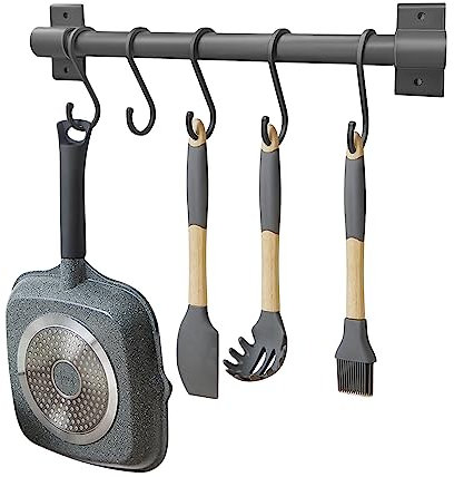 FuninCrea Barre à crochets de cuisine en aluminium de 30 cm avec 5 crochets mobiles, barre de fixation murale pour ustensiles de cuisine, organisateur multi-usages, pour cuillère, fourchette,