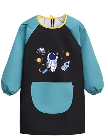 Mecmbj Delantal Niño, Bata Pintura Niños Impermeable, Delantal Infantil con Bolsillos, para Pintar, Cocinar,Hornear,Jardín,Regalo de Cumpleaños,para Niños y Niñas de 6 a 12 Años(Astronauta 2)(68x55cm)