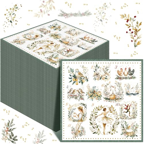 100 Pcs 12 Days of Christmas Napkins 2 Ply, Farmhouse, 5 x 5 Inch
