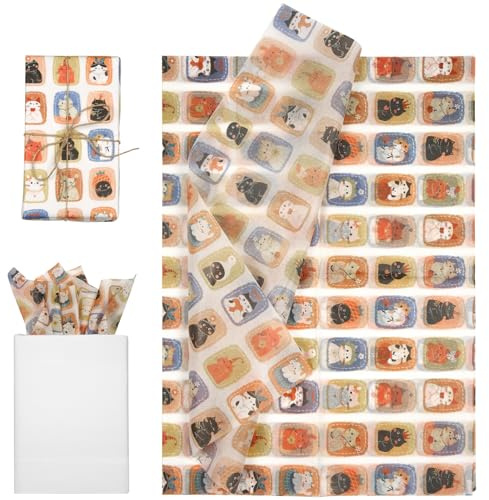 Tinoaly 30 Ark Silkespapper, 50x35cm Söt Orange Katttryck Presentpapper Presentinslagningspapper för Födelsedag Babyshower Husdjursfest Gör-Det-Själv-Material