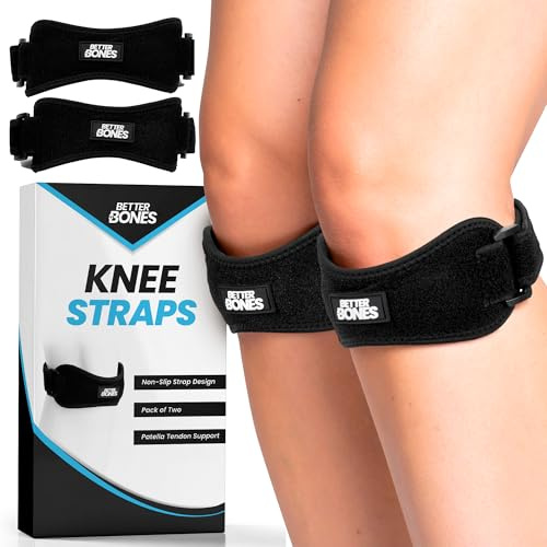Better Bones Patella Knee Straps Pack of 2 – Adjustable Support Brace for Running Jumpers Knee Tendon Pain Relief and Sports Training, Black