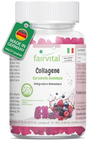fairvital kollagen gummies, 60 stycken, 1000mg per daglig dos, med natrium och järn, högdoserade, sockerfria, kvalitetskontrollerade och högdoserade, tillverkade i Tyskland
