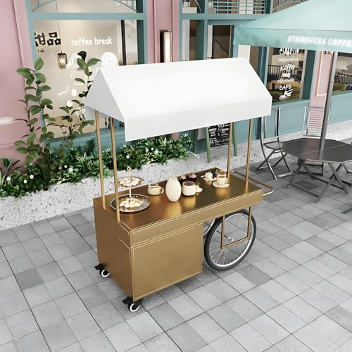 GSATREY Carrito de Alimentos Portátil, Carrito de Comida Callejera con Ruedas, Puesto de Venta Móvil, con Dosel, para la Calle/Mercados/Supermercados(Gold,120cm/47.2in)