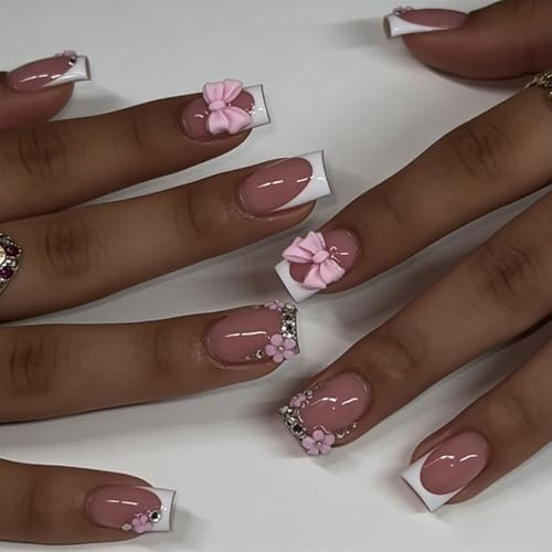 Tastetreasure 24 Pezzi Breve Quadrato French Bow Press on Chiodi, Rosa French Tip Unghie Artificiali con Strass Gel Gelatina & Lima per Unghie Da Donna