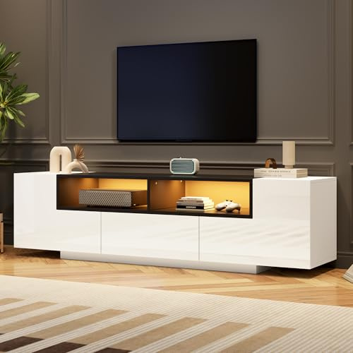 Calivra Mueble de TV con 2 puertas, LED para televisor hasta 75, mueble de TV bajo con gran espacio de almacenamiento, con 2 puertas, para salón, comedor, dormitorio, blanco