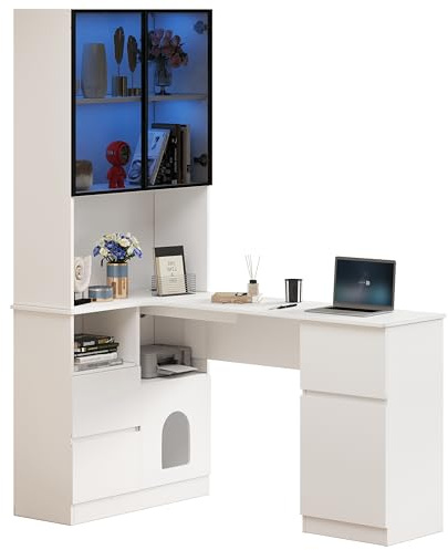 BNUZ Scrivania angolare con scaffale e vetrina, 120 x 80 x 180 cm, bianca, con 3 cassetti, 2 ante, scomparti aperti, scomparto per animali domestici, libreria integrata