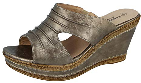 Ladies Leather Lined Peep Toe Mid Wedge Mule Sandals (Gold, UK 6)