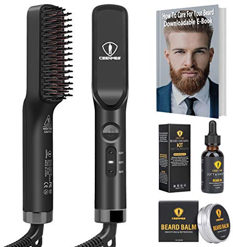 Ceenwes 3 in 1 Professional Beard Straightener with Beard Oil & Balm, Portable Hair Straightener Brush for Men & Women