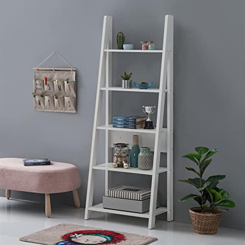 Timber Art Design UK Riva 5 Tier Bookcase Open Ladder Shelf Retro Contemporary Organizer Display Shelving Unit for Modern Living Room, Office Space Scandinavian, White - W64cm x H175.4cm x D36.7cm