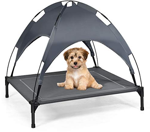 COSTWAY Lit Surélevé avec Auvent Amovible pour Chien, Lit de Camp en Tesline Cadre en Acier, Niche Exterieur Idéal pour Jardin, Plage, Pelouse (90 x 81 x 86cm)