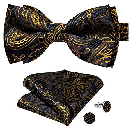 DiBanGu Papillon da uomo pre-legato con papillon regolabile con tasca intrecciata quadrata gemelli formali per feste di nozze, Nero oro, Taglia unica
