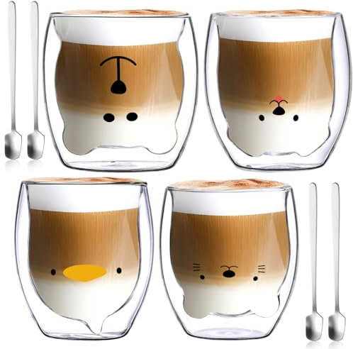 NCKIHRKK Juego de 4 Taza de Café Doble Pared Taza de Cristal, Tazas de Café Oso, 240ml Vasos de Cafe Té Leche, Regalo de Cumpleaños, San Valentín, Navidad