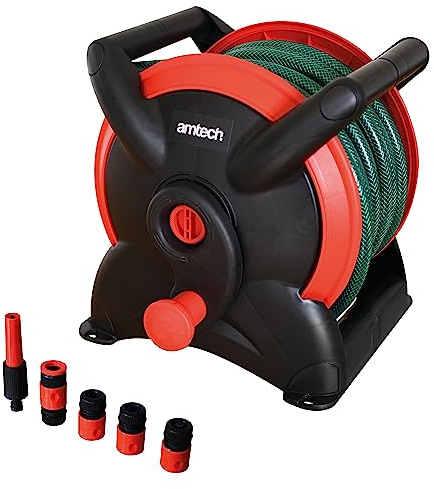 Amtech - Garden Hose Reel for Tidy and Organised Hose Storage with Multiple Connectors, Home DIY, Durable and Suitable for All Seasons, Lightweight and Easy to Store (15m)