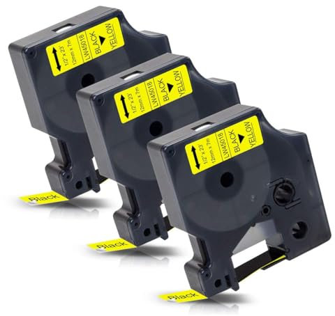 Labelwell 3x Schriftband für Dynmo D1 45018 S0720580 D1 Etikettenband Schwarz auf Gelb, für Dynmo LabelManager 160 280 210D 360D LM160 LM210D LM280 LM360D für Dynmo Labelpoint 150 200 300, 12mm x7m
