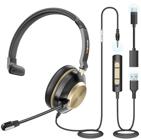 Wantek Cuffie con Microfono 881F, Cuffie Mono con Mic Cancellante Rumore, Cuffie 3.5mm/USB/Type-C con Mic Controllo Chiamate Comfort per Call Center Computer Portatili Tablet Smartphone