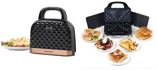 Salter Handbag Style Sandwich Toaster, 3-in-1 Snack Maker - Deep Fill Waffle Iron, Panini Press & Toastie Maker, Rose Gold, Non-Stick (Teflon/Ceramic), Stainless Steel/Aluminum exterior