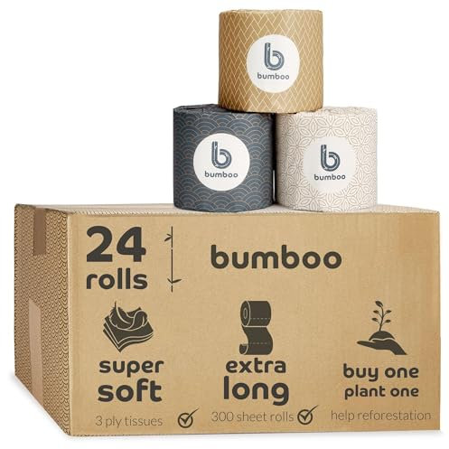 Bumboo Toilet Roll 24 Pack | Wrapped Toilet Paper 3 ply, 300 Sheets | Made from Bamboo and Tree Fibres| Plastic-Free, Soft, Strong, Eco-Friendly & Biodegradable Toilet Tissue