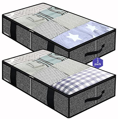 homyfort Portaoggetti Sottoletto in Tessuto con 4 Maniglie, 2 Cerniere e Ampia Finestra Trasparente, per Vestiti, Coperte, Biancheria da Letto, Confezione da 2, Nero, XAUBBSS2P