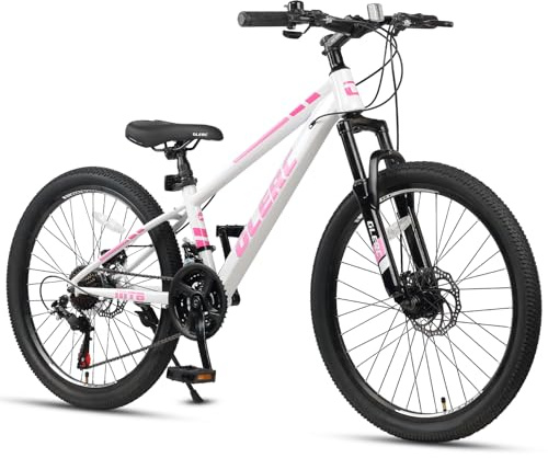 Glerc Skyline Kids Mountain Bike för pojkar/flickor, 24 tums barncykel för 10 11 12 13 14 15 16 17 18 år tonåring, 21 växlar cykel med framhjulupphängning och skivbromsar, rosa