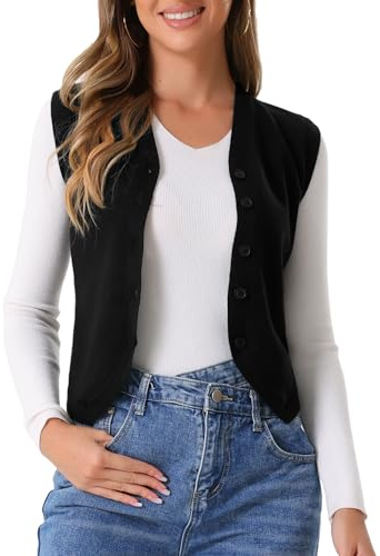 Allegra K Donna Maglione Gilet Scollo A V Corto Senza Maniche Cardigan con Bottoni Canotte Lavorate A Maglia Casual da Lavoro Nero XS