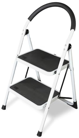 Big RED 2 Step Ladder: Ergonomic Folding Stool with Anti-Slip Pedal, Step Stool with Padded Handle for Kitchen, Household, Offices. 400 lb Capacity