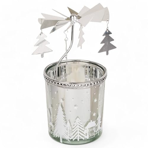 Photophore rotatif en forme de carrousel de Noël - En métal - Mini pyramide - 12 cm - Argenté - Verre votif et sapin