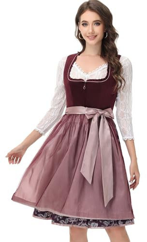 ELFIN Damen Midi Dirndl, Elegante Trachtenkleid, Samt Damen Dirndlkleid mit Plissee Schürze, Perfekt für Oktoberfest, Dundkelrot, 38