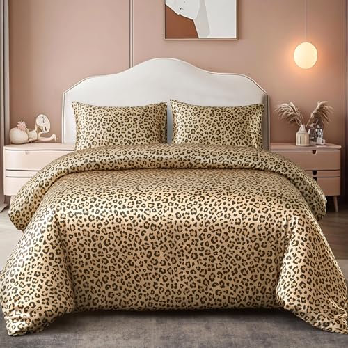 DuShow Satin King Duvet Cover And 2 Pillowcases,3 Piece Satin Bedding Set,Soft Silky Cooling Duvet Cover Set, Satin Bed Sheets King-Golden Leopard