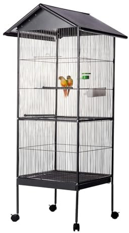 Aqpet Voliera con Tetto per Uccelli Grandi e Canarini, Gabbia in Metallo con Piedistallo e Ruote, Adatta per Interno ed Esterno, Dimensioni 157x52x52 cm, Nero