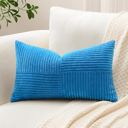 Sungeek 1 Stück Cord Kissenbezug, Kreuz Streifen Muster Kordsamt Kissenbezüge Sofakissen Dekokissen Patchwork Design Deko Zierkissenbezüge Kissenhülle für Wohnzimmer (40x60cm, Blau)