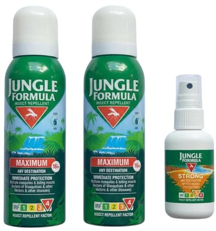 16-Hour Protection | Jungle Formula Travel Pack | 2x125ml Maximum + 1x60ml Strong | Genuine Insect Repellent | Sold by AHASON’S